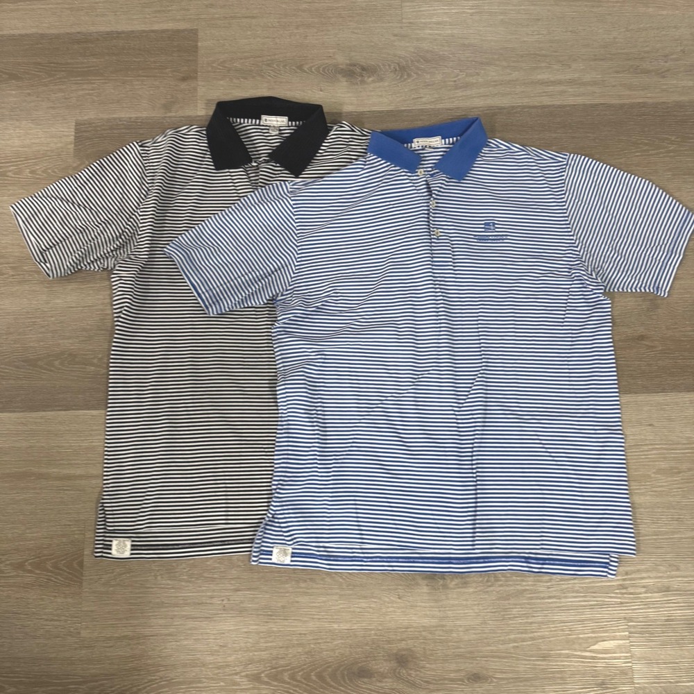 Peter Millar Polo Shirts Mens L Blue Black Striped Lot of 2 Wells Fargo Champ